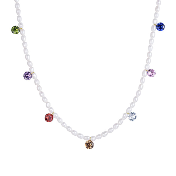 PN0062 925 Sterling Silver Rainbow Cubic Zirconia & Freshwater Pearl Necklace