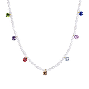 PN0062 925 Sterling Silver Rainbow Cubic Zirconia & Freshwater Pearl Necklace