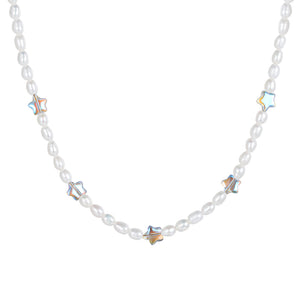 PN0031 925 sterling silver White Glass Star Beads & Freshwater Pearl Choker Necklace