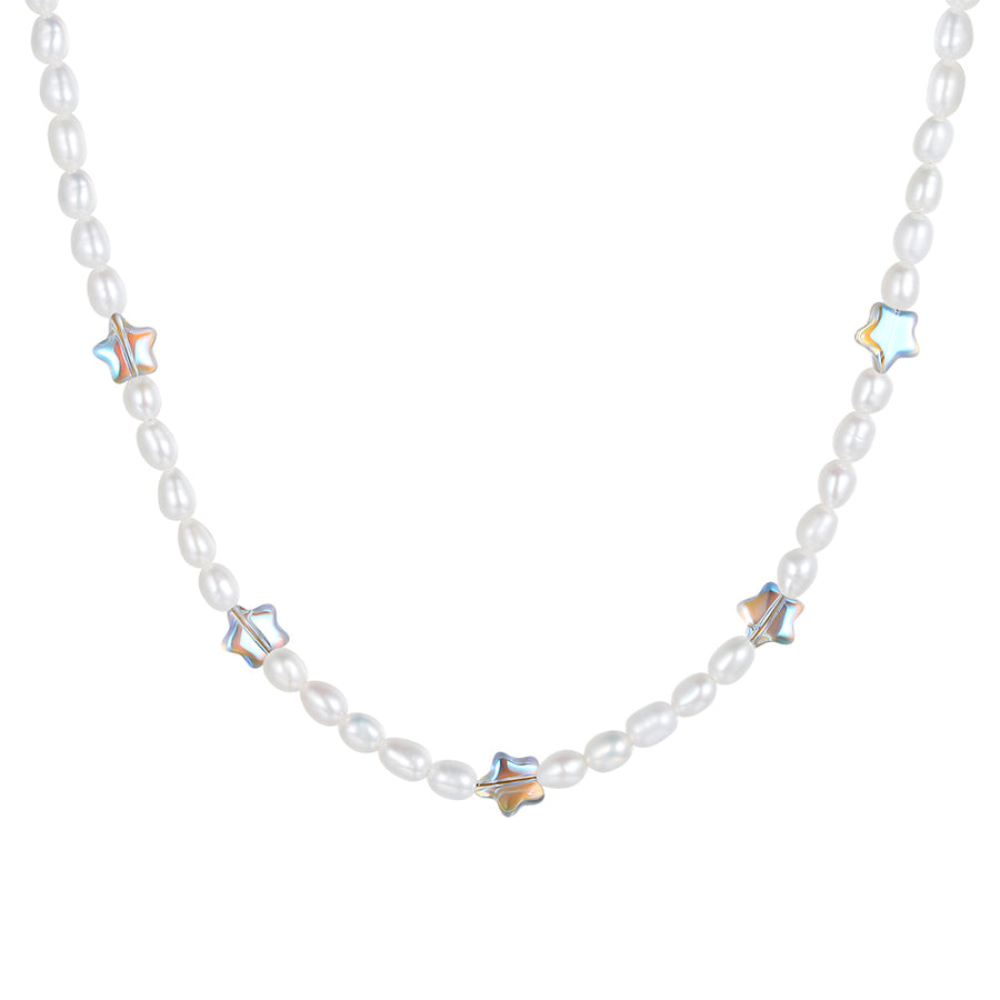 PN0031 925 sterling silver White Glass Star Beads & Freshwater Pearl Choker Necklace
