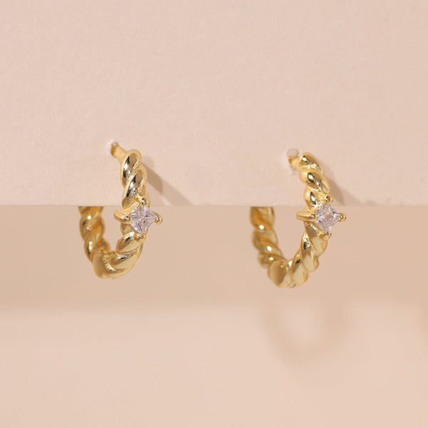 YHE0422 925 Sterling Silver Simper Style Twist CZ Hoop Earring