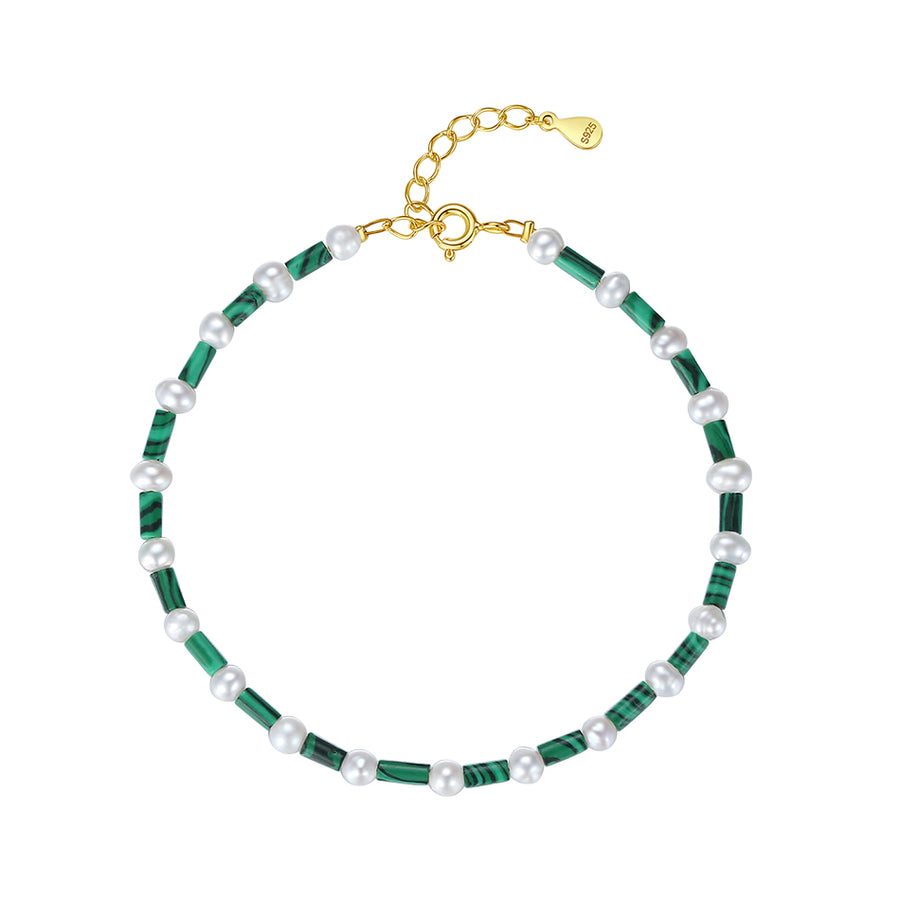 PB0013 925 Sterling Silver Malachite And Freshwater Pearl Bracelet