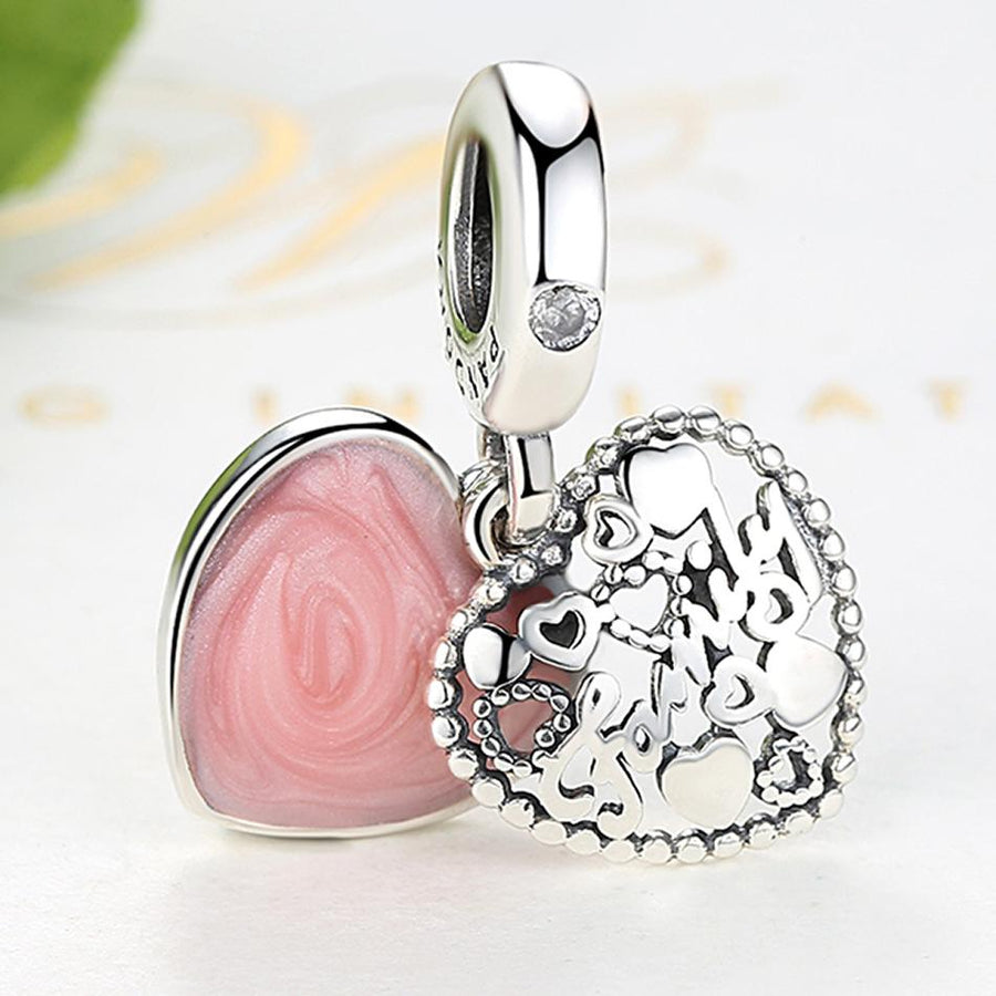 PY1465 925 Sterling Silver Love Family Heart Dangle Charm