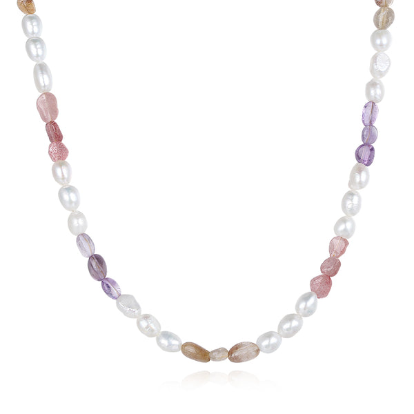 PN0056 925 Sterling Silver Colorful Stone & Freshwater Pearl Choker Necklace