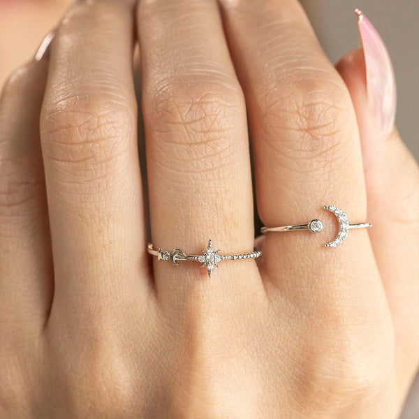FJ0661 925 Sterling Silver Starburst & Moon Ring