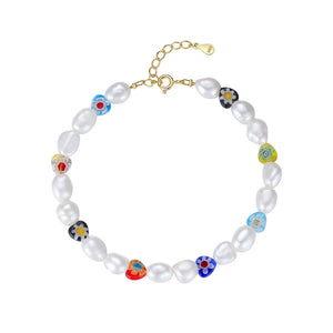 PB0027 925 Sterling Silver Freshwater Pearl Colorful Glass Beads Bracelet