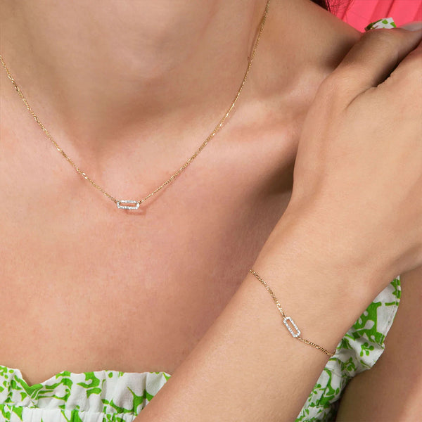 FX0871 925 Sterling Silver Pave Cubic Zirconia Paperclip Figaro Necklace