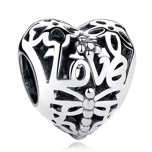 PY1705 925 Sterling Silver Sparkling Dragonfly Heart Charm