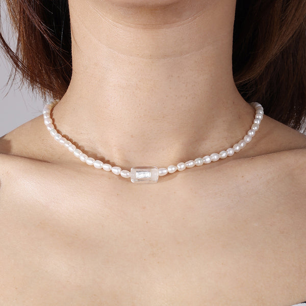 PN0041 925 Sterling Silver 4MM Freshwater Pearl Blue Cuboid Choker Necklace