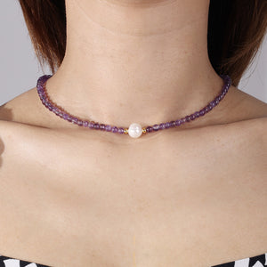 PN0035 925 sterling silver Light Amethyst Bead Pearl Women Choker Necklace