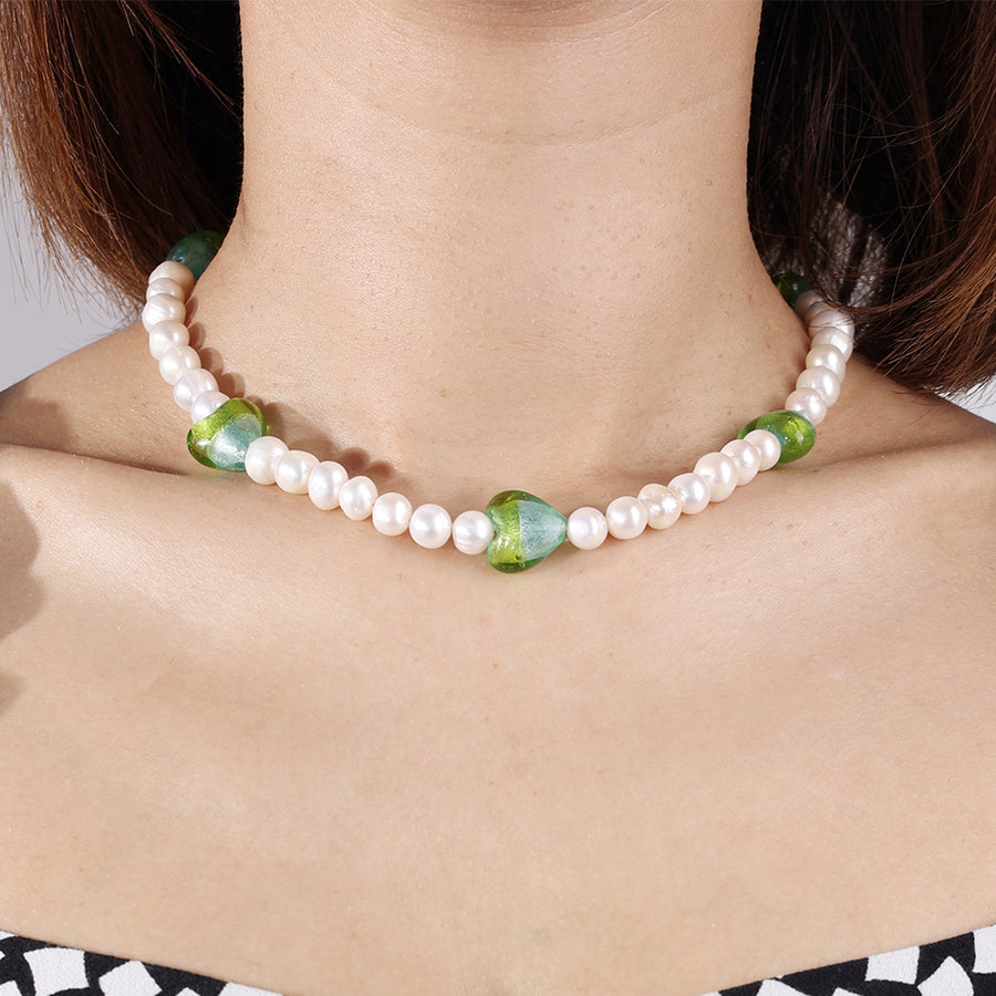 PN0002 925 Sterling Silver Gradient Green Crystal Freshwater Pearl Necklace