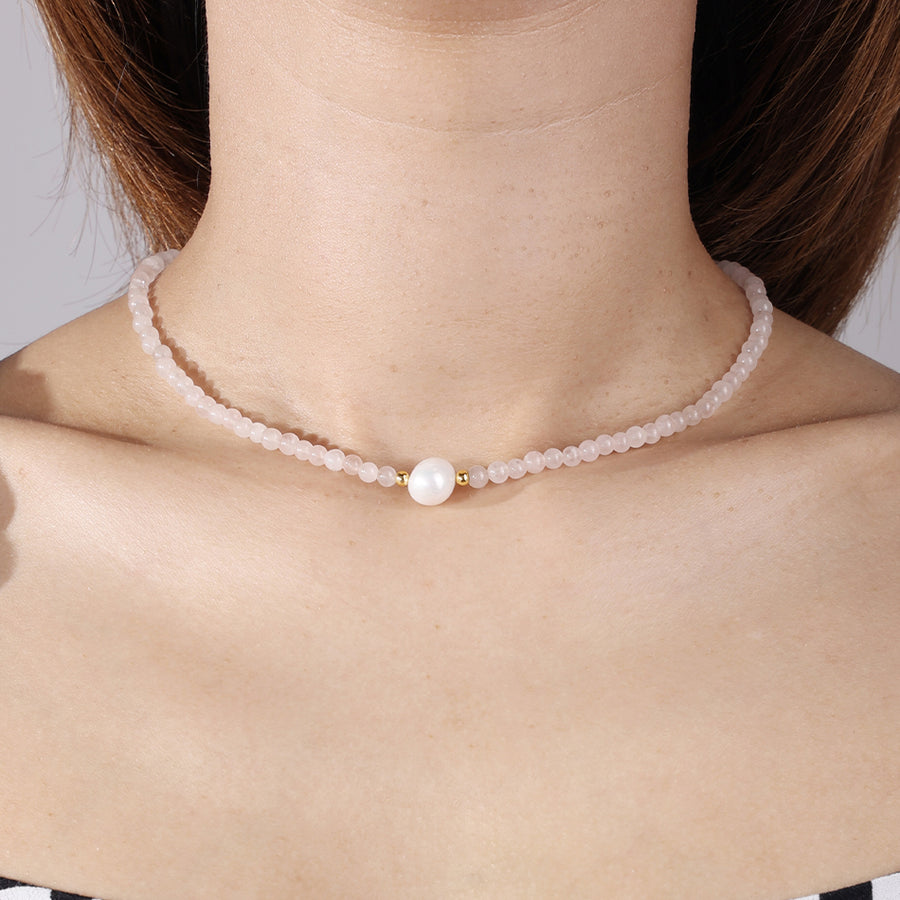 PN0034 925 sterling silver Pink Crystal Bead Single Feshwater Pearl Necklace