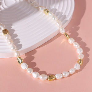 PN0037 925 sterling silver Gold Bead & 8-9MM Freshwater Pearl Women Choker Necklace
