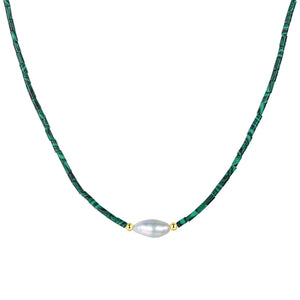 PN0030 925 sterling silver Vintage Malachite & Pearl Women Choker Necklace