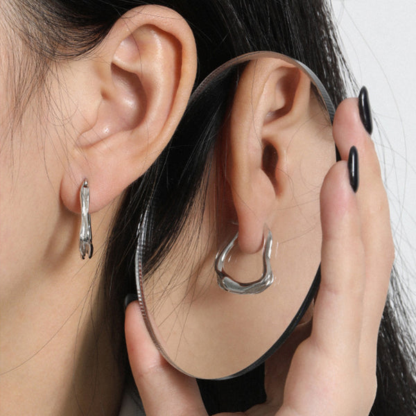 RHE1085 925 Sterling Silver Trendy Irregular Chunky Hoops Earring