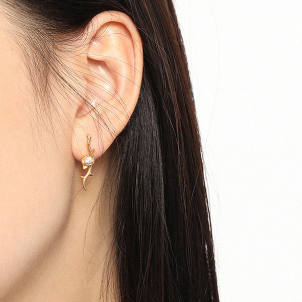 RHE1081 925 Sterling Silver Rose Branch Cubic Zirconia Stud Earrings