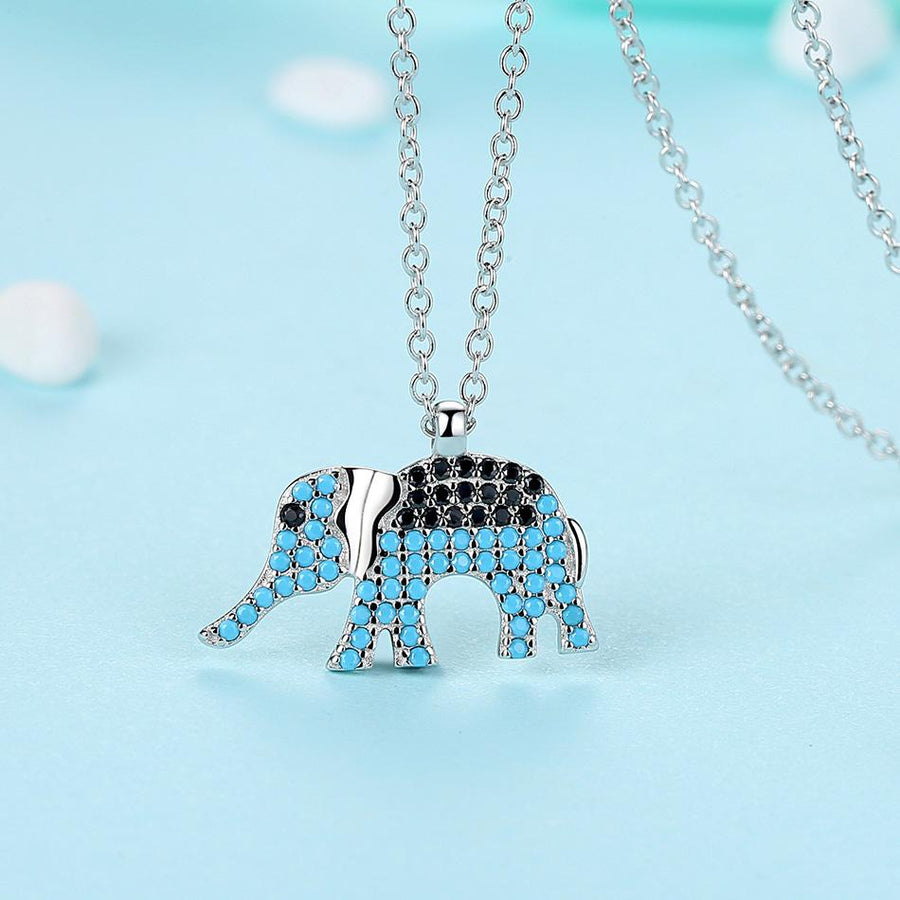 YX1550 925 Sterling Silver Blue&Black CZ Elephant Necklace