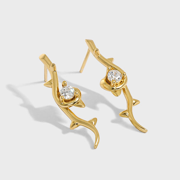 RHE1081 925 Sterling Silver Rose Branch Cubic Zirconia Stud Earrings