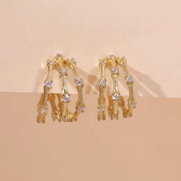 YHE0416 925 Sterling Silver Triple Retro Bamboo CZ Earring