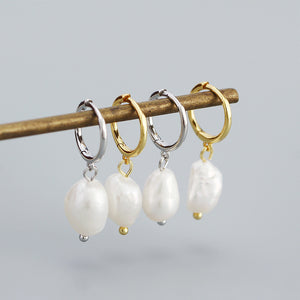 YHE092 925 Sterling Silver Freshwater Pearl Dangling Hoop Earrings