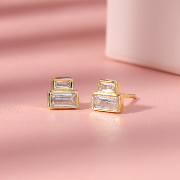 FE1889 925 Sterling Silver Stacked Baguette Horizontal Stud Earrings