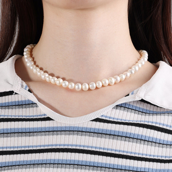 PN0050 925 Sterling Silver 8-9MM Round Freshwater Pearl Choker Necklace