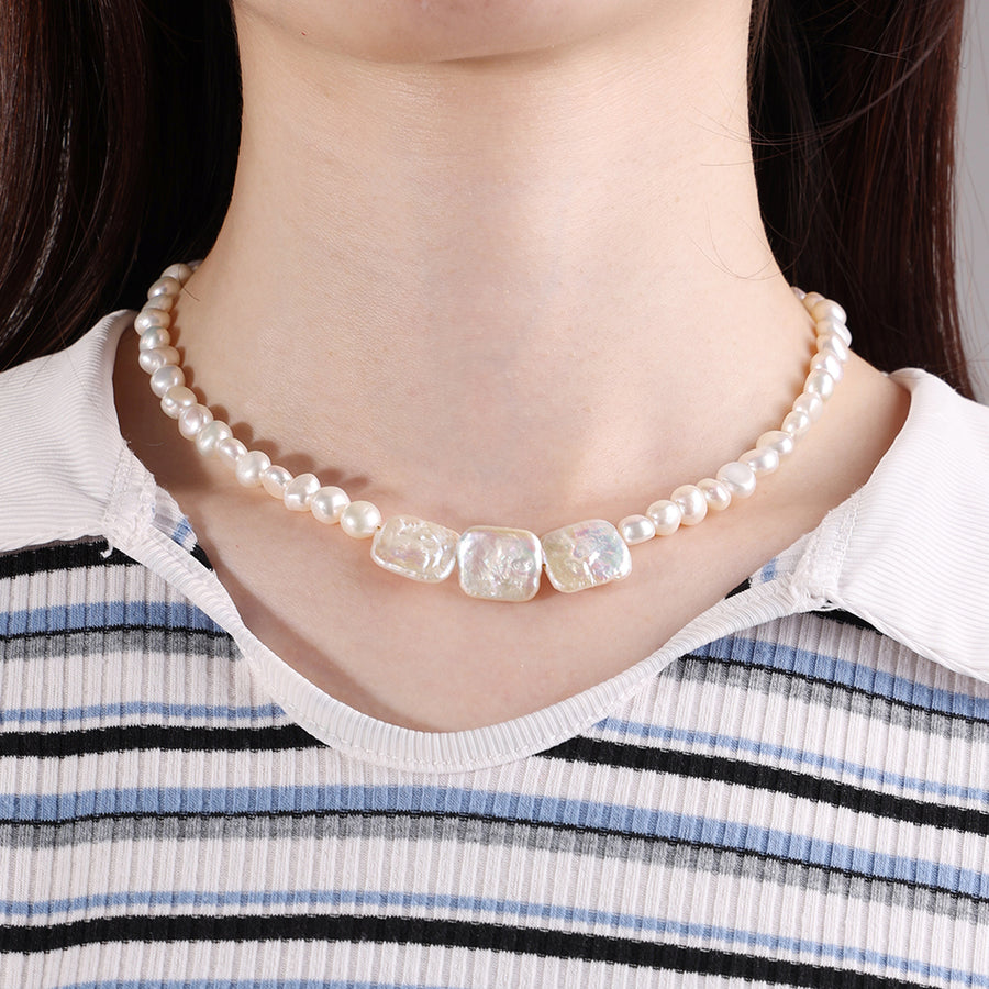 PN0059 925 Sterling Silver Rectangle & Round Freshwater Pearl Choker Necklace
