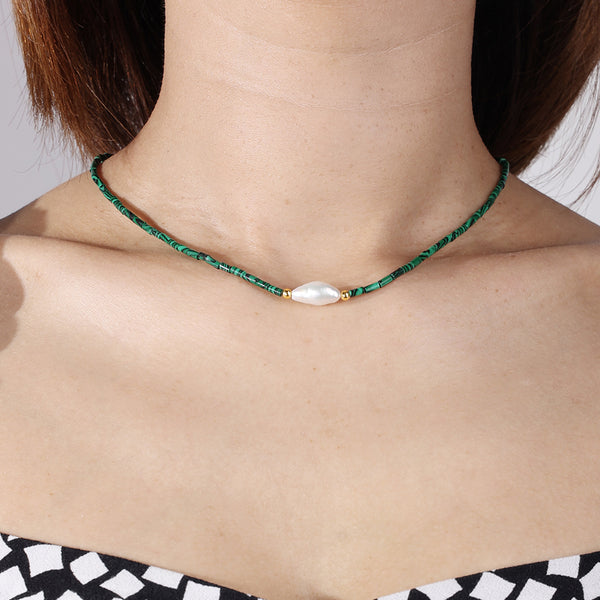 PN0030 925 sterling silver Vintage Malachite & Pearl Women Choker Necklace