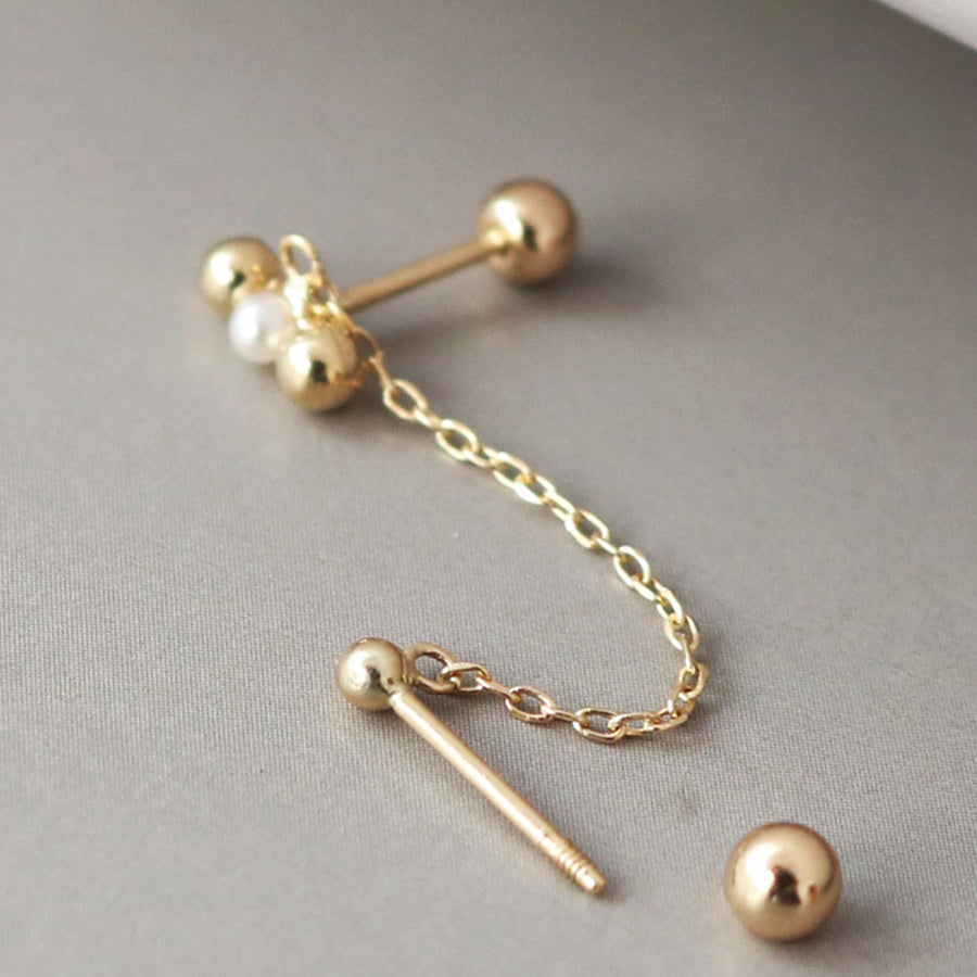 PE0095 925 Sterling Silver Gold Bead Freshwater Pearl Chain Barbell Stud Earring