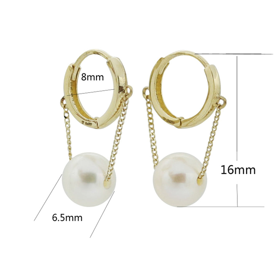 PE0085 925 Sterling Silver Link Chain Round Shell Pearl Drop Hoop Earring