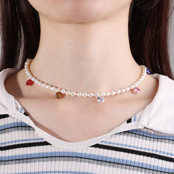PN0062 925 Sterling Silver Rainbow Cubic Zirconia & Freshwater Pearl Necklace