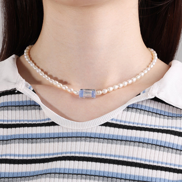 PN0040 925 Sterling Silver 4MM Freshwater Pearl Blue Cuboid Choker Necklace