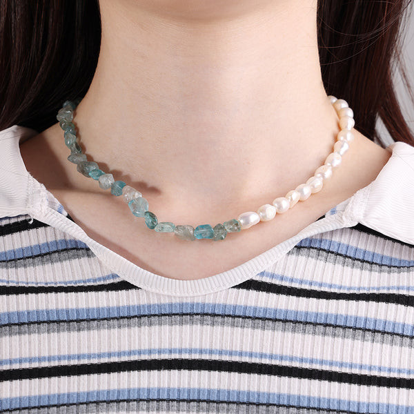 PN0021 925 Sterling Silver Blue Apatite Stone & Freshwater Pearl Necklace