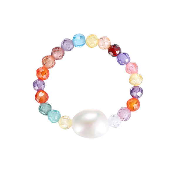 PR0005 Rainvow Cubic Zirconia Freshwater Pearl Elasticity Adjustable Ring