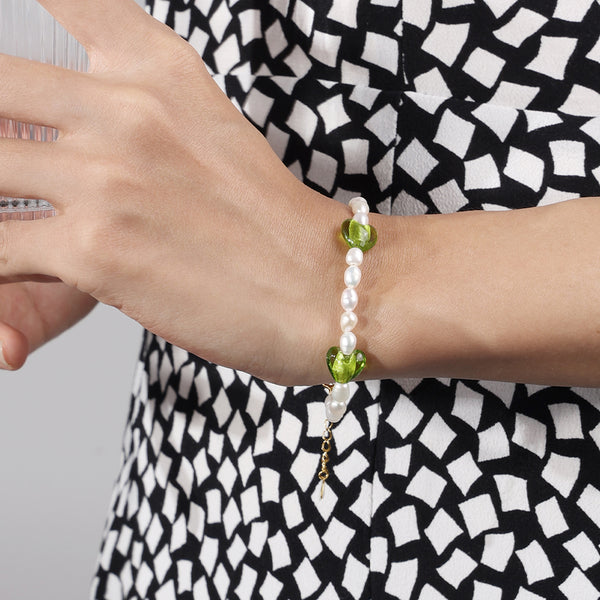 PB0046 925 Sterling Silver Green Crystal Heart Bead Freshwater Pearl Bracelet