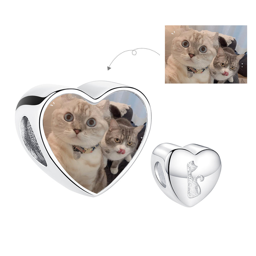 XPPY1099 925 Sterling Silver Pet Cat Heart Photo Charms