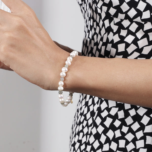 PB0012 925 Sterling Silver Glitter Stone Freshwater Pearl Bracelet