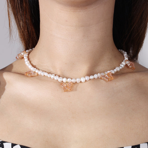 PN0042 925 Sterling Silver Butterflies 4-4.5MM Freshwater Pearl Choker Necklace