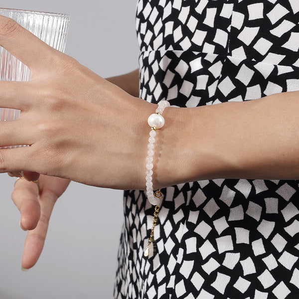 PB0023 925 Sterling Silver Pink Crystal Bead & Singke Pearl Bracelet