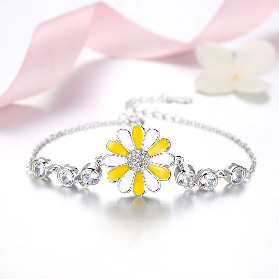 GS2108 925 Sterling Silver Yellow Enamel Daisy Flower CZ Bracelet