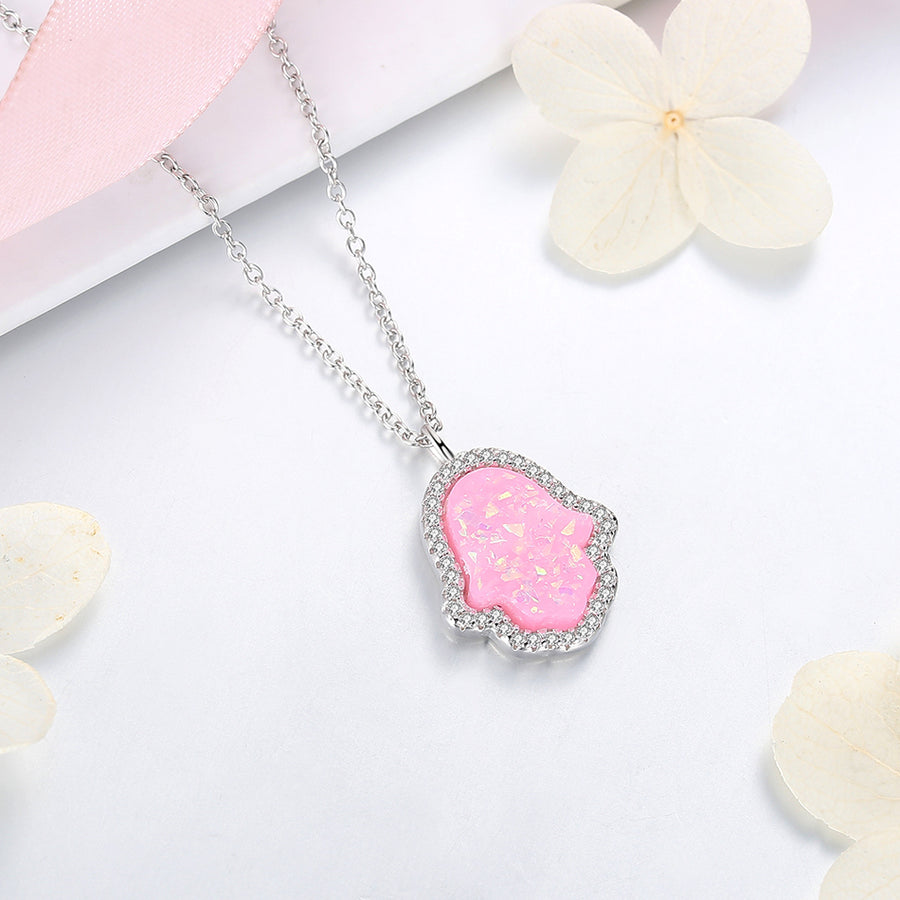 GX1385 925 Sterling Silver Pink Opal Hamsa Hand Women Necklace