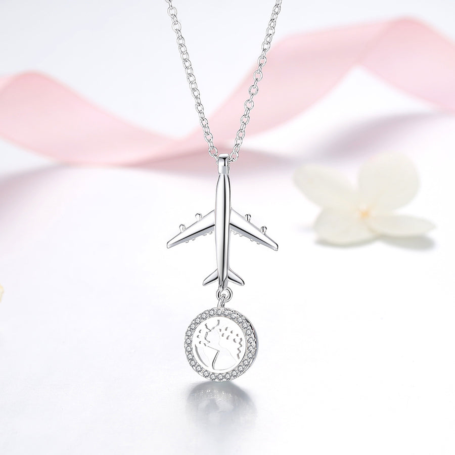 GX1413 925 Sterling Silver Plane & Word Map Pendant Necklace