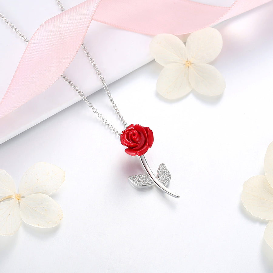 GX1383 925 Sterling Silver Enthusiasm Red Rose Necklace
