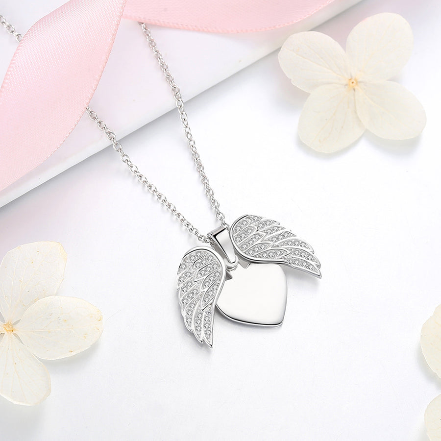 GX1412 925 Sterling Silver Wing Engrave Name Heart Pendant Necklace
