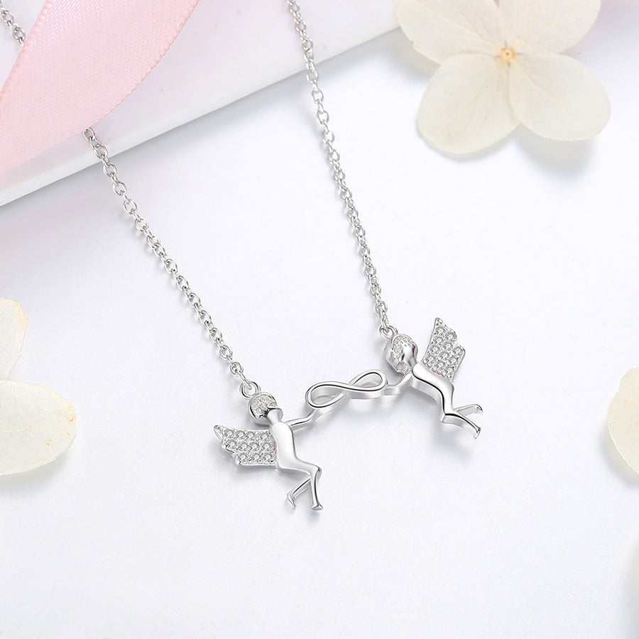 GX1408 925 Sterling Silver Two Angel Endless Forever Love Necklace