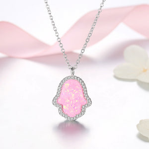 GX1385 925 Sterling Silver Pink Opal Hamsa Hand Women Necklace