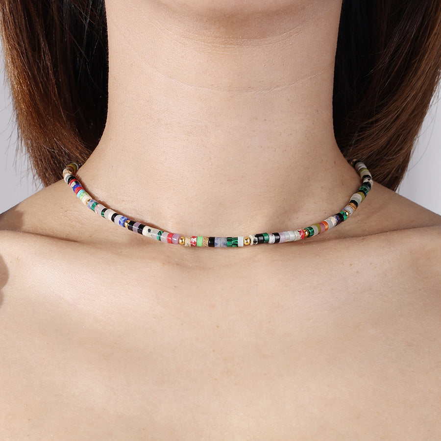 PN0043 925 Sterling Silver Colorful Stone Bead Pearl Women Choker Necklace