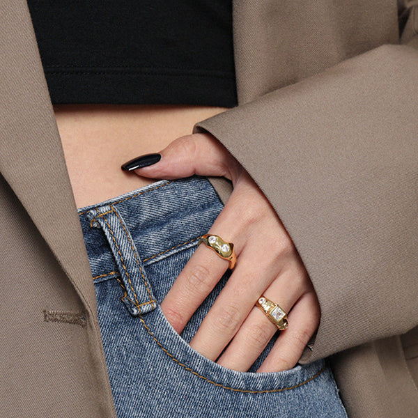 RHJ1123 925 Sterling Silver Bezel Cubic Zirconia Irregular Ring