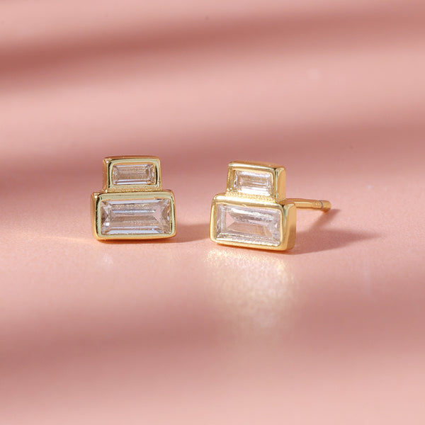 FE1889 925 Sterling Silver Stacked Baguette Horizontal Stud Earrings