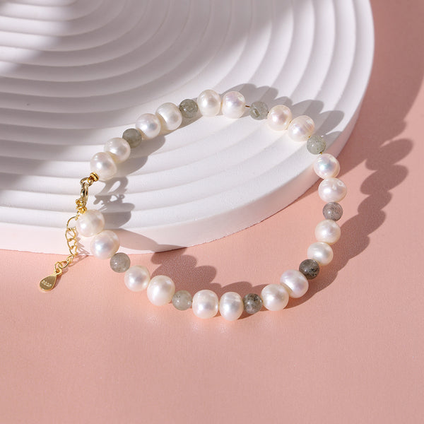 PB0012 925 Sterling Silver Glitter Stone Freshwater Pearl Bracelet